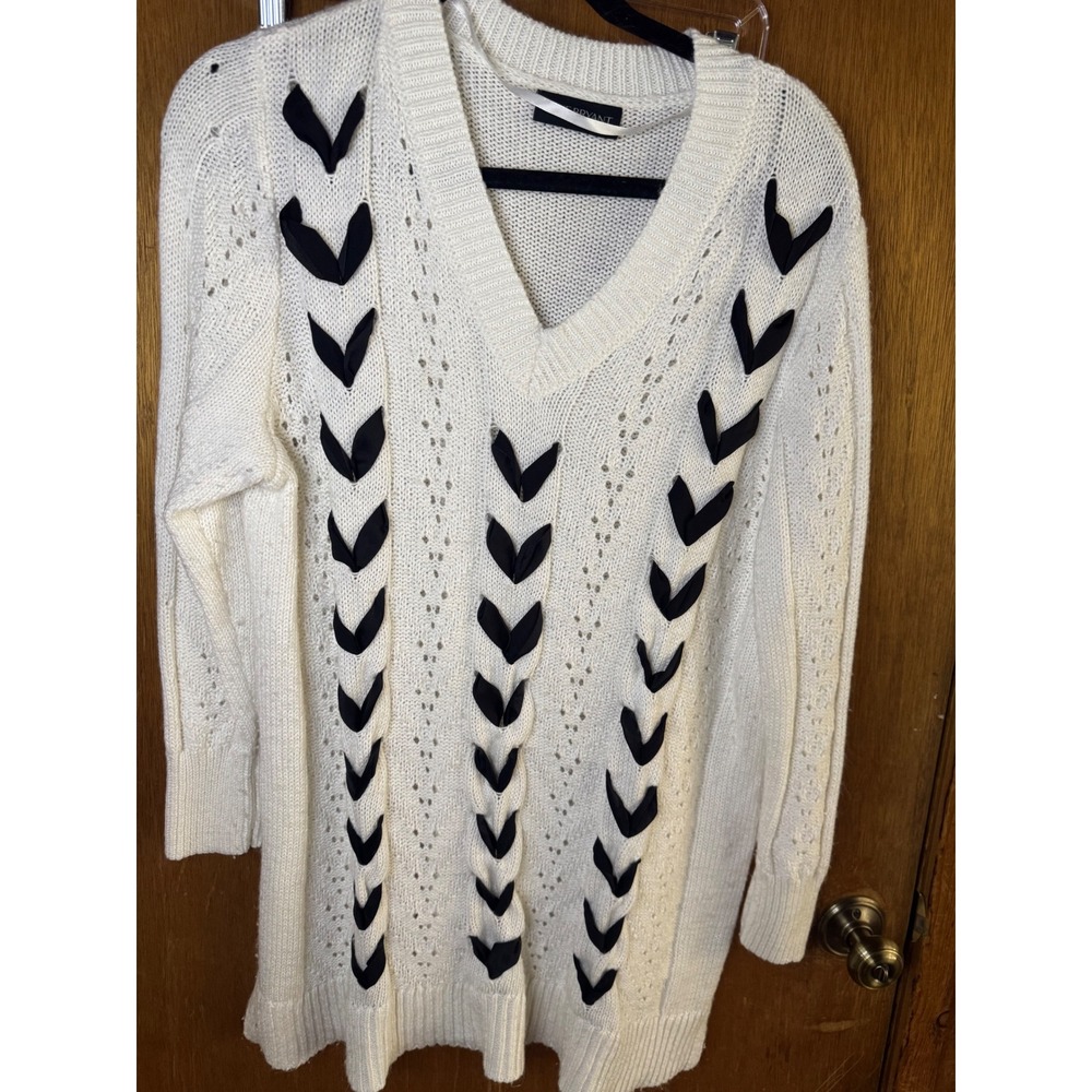 Lane Bryant Womens White V-Neck Knit Sweater Black Ribbon Detail Cotton Blend